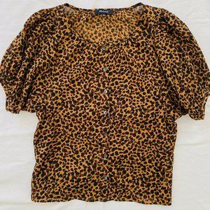 Balloon-Sleeve Button-Up Top in Painted Leopard